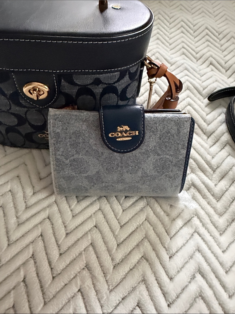 Coach Gray Felt Wallet with Navy Leather Trim and Gold Logo